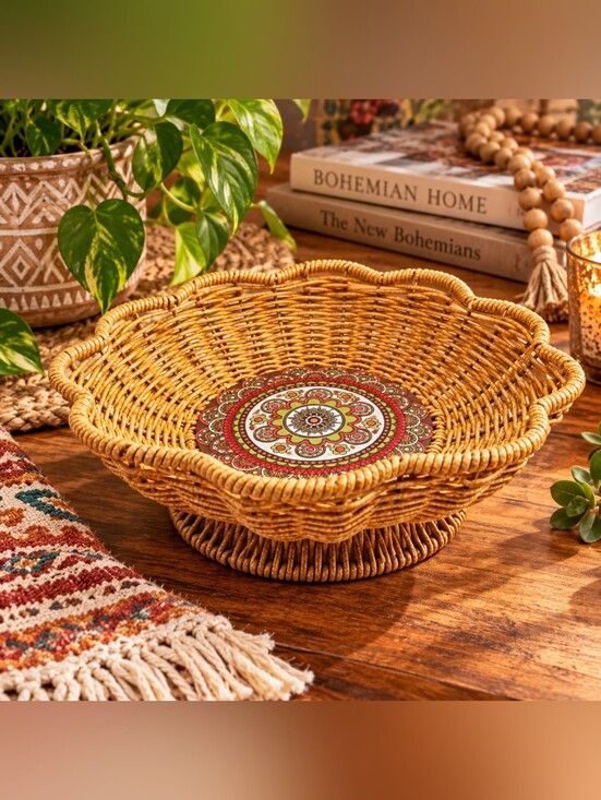 Other - Woven Rattan Decorative Pedestal Bowl with Red & Green Medallion in the Center